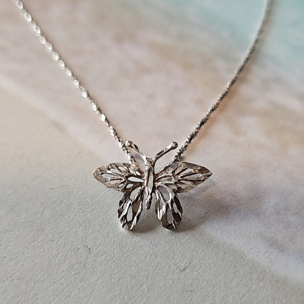 #152 Butterfly Necklace In Diamond Cut 925 Sterling Silver With Serpentine Chain